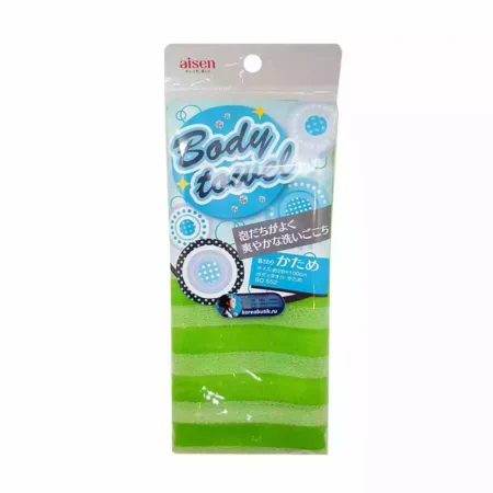 Массажная мочалка AISEN для тела жесткая зеленая в полоску